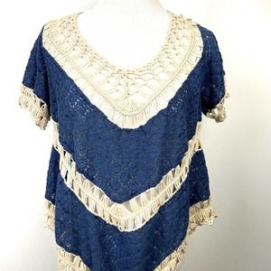 Umgee Women’s Size Large L Short Sleeve Blue Navy Beige Tan Crochet Top Summer